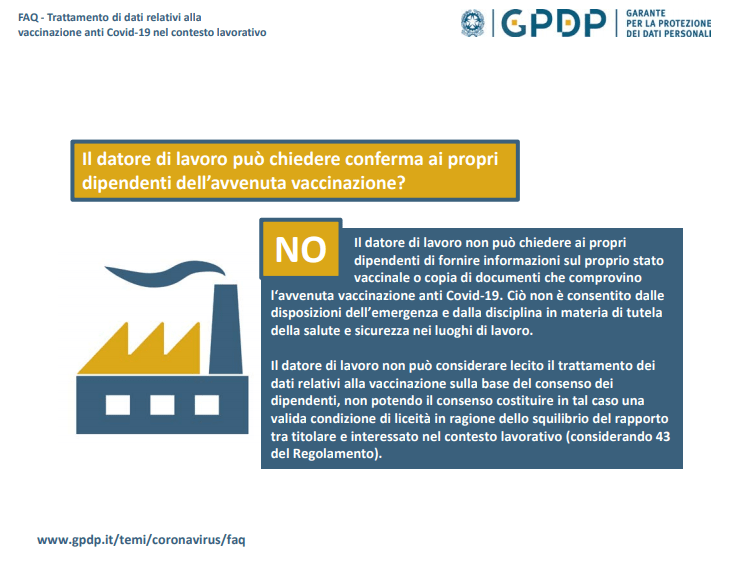 Vaccinazione dipendente, le faq del garante privacy